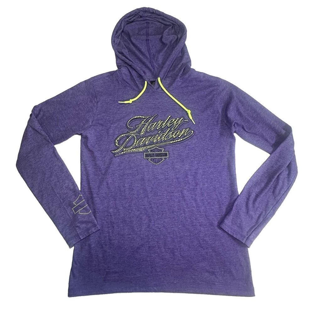 Harley Davidson Women's MEDIUM Purple Neon Graphic Thin Pullover Hoodie Biker